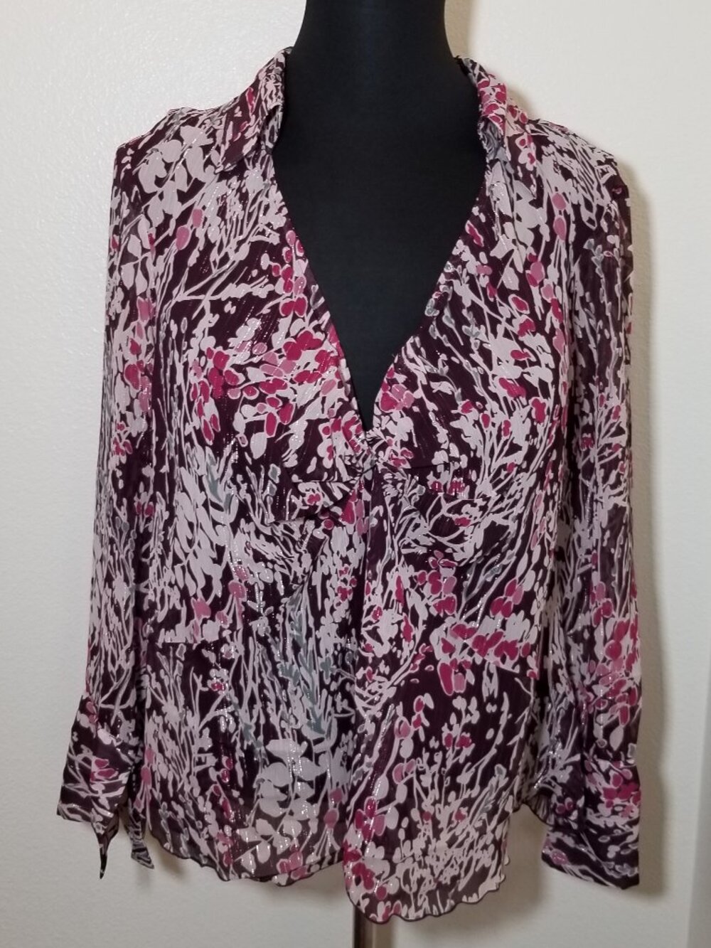Lane Bryant Womens 26/28 Purple Semi Sheer Floral Blouse Boho Peasant Retro